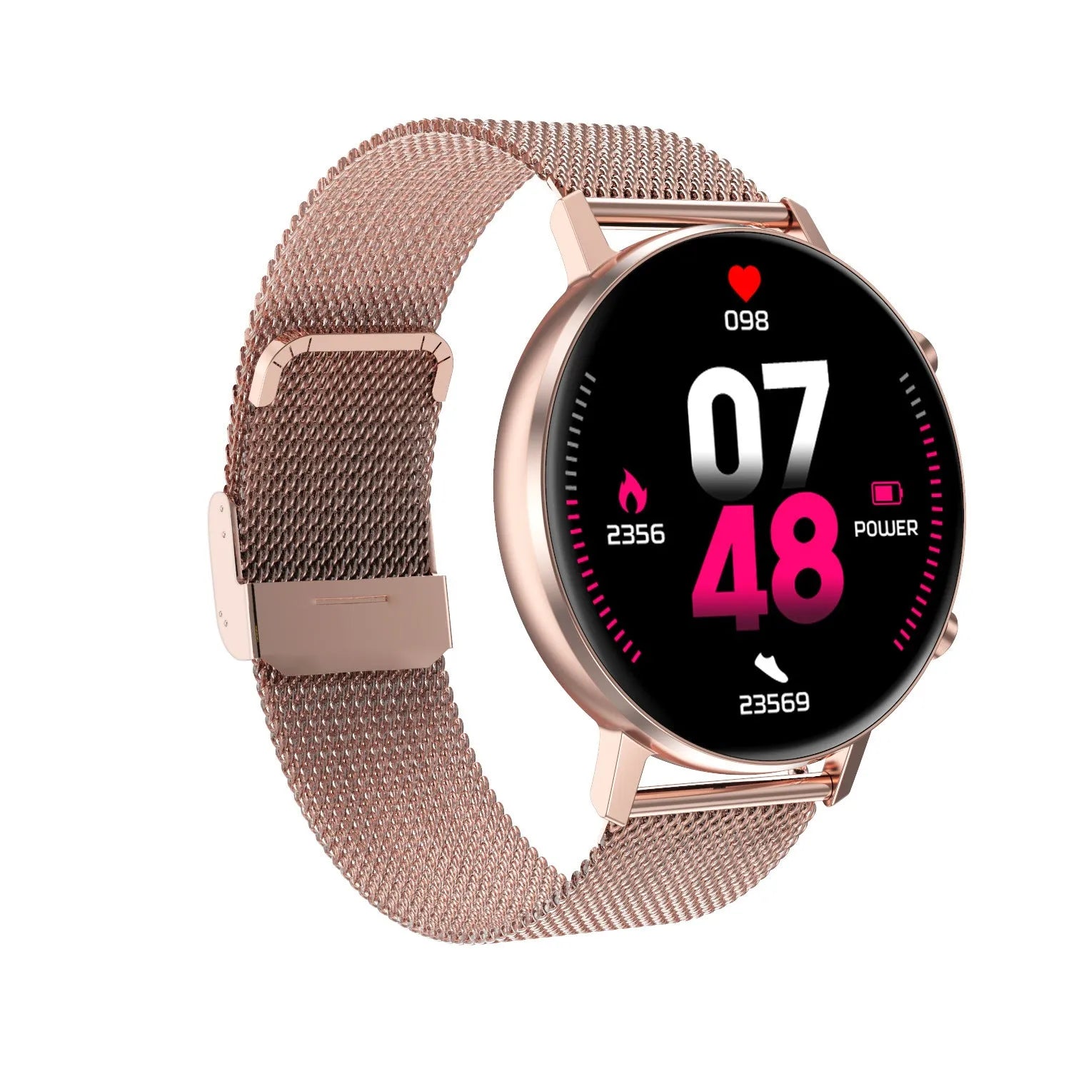 DT96 smart bracelet with stainless steel strap on a wrist, showing the 1.3-inch touch screen display.