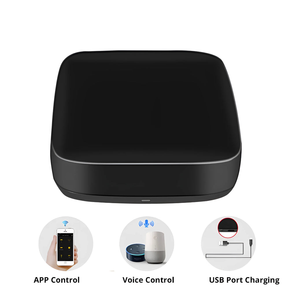 Black voice control universal infrared remote control with WiFi connectivity.
