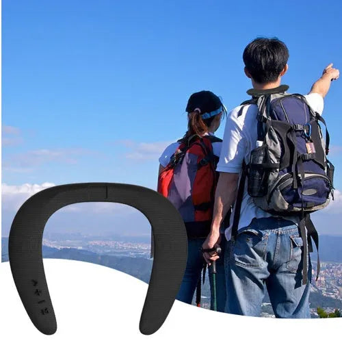 Hanging neck-mounted U-shaped bib Bluetooth sports running speaker in blue with plastic body and waterproof design