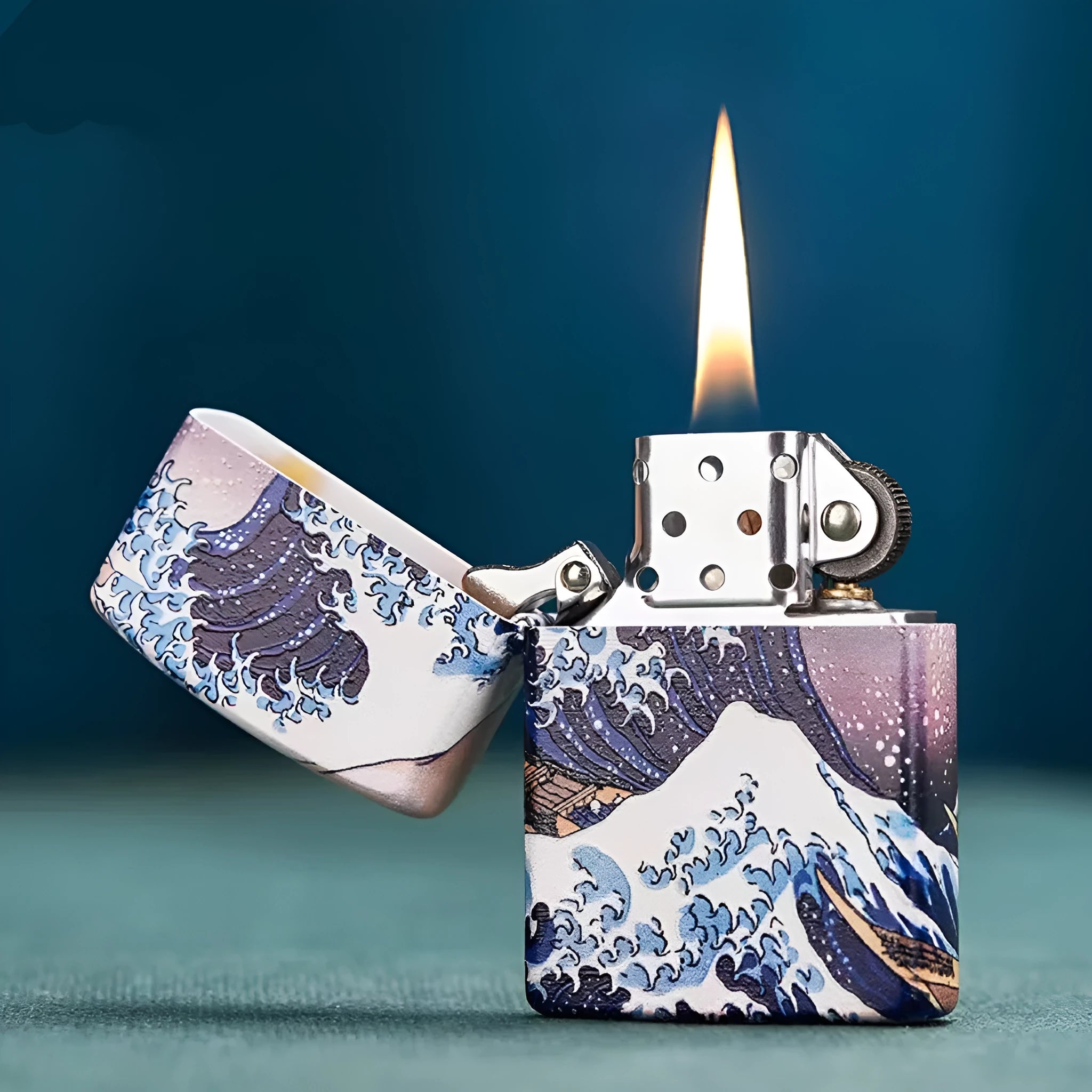 Colored lacquer windproof lighter with Kanagawa surf design, steel inner liner, copper housing, 58x39mm