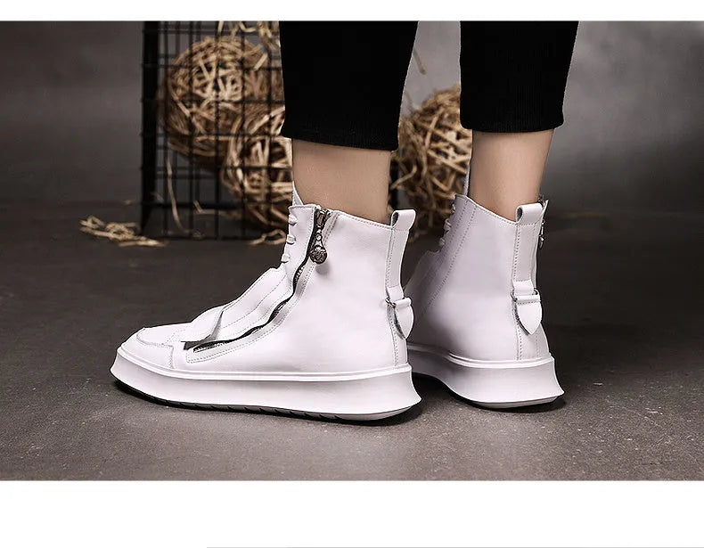 Men's black and white PU leather winter ankle boots in high-top sneakers style with microfiber construction