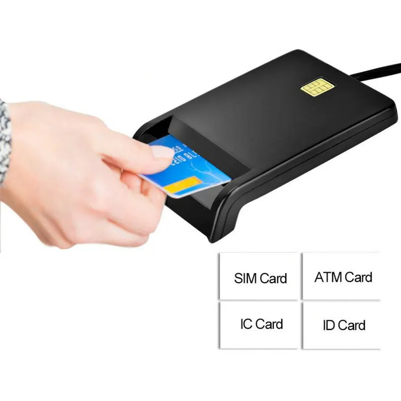 Black USB smart card reader for ID, SIM, CAC, and bank cards with ABS casing