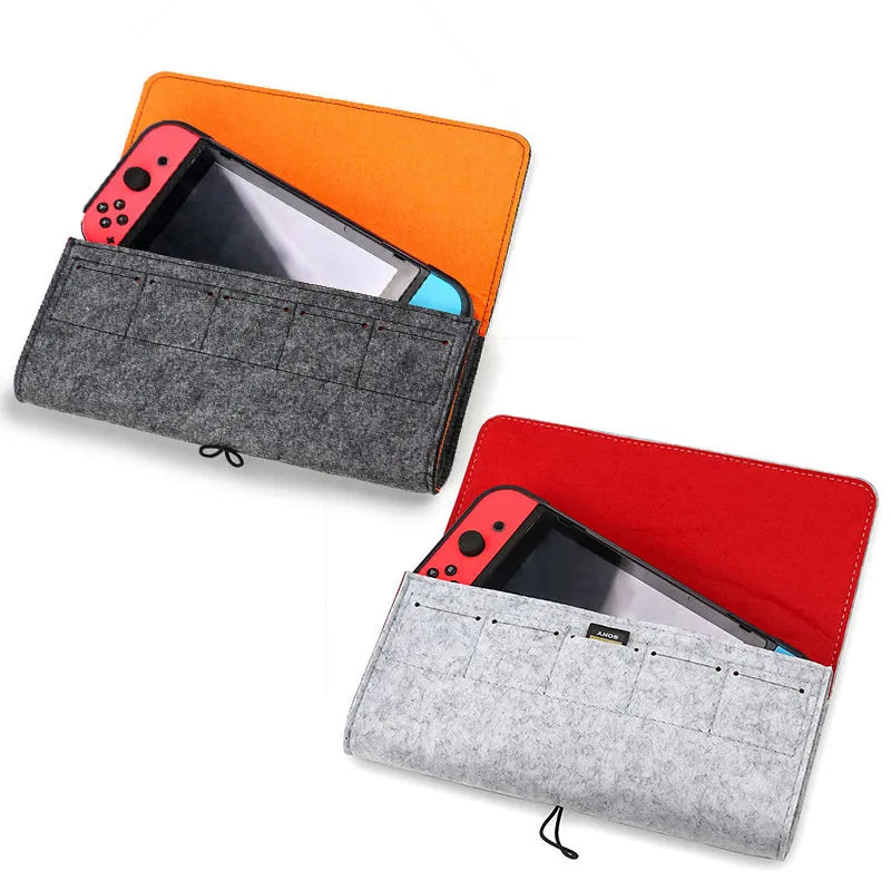 Black Nintendo Switch felt carrying pouch showing game card slots and dual compartments.