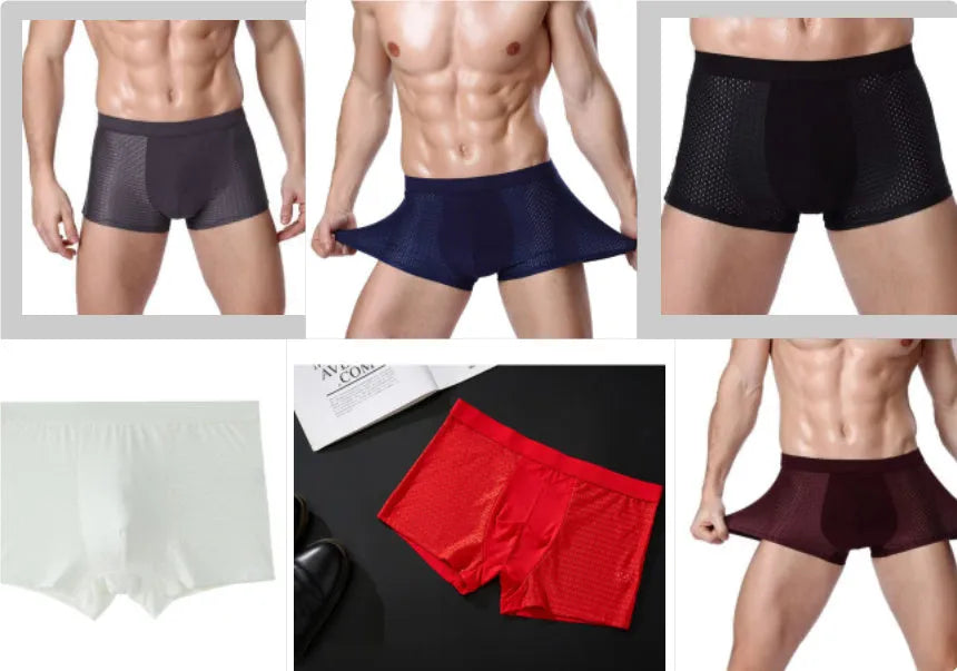 Men's solid colour ice silk boxer briefs with U convex design on a mid-waist.