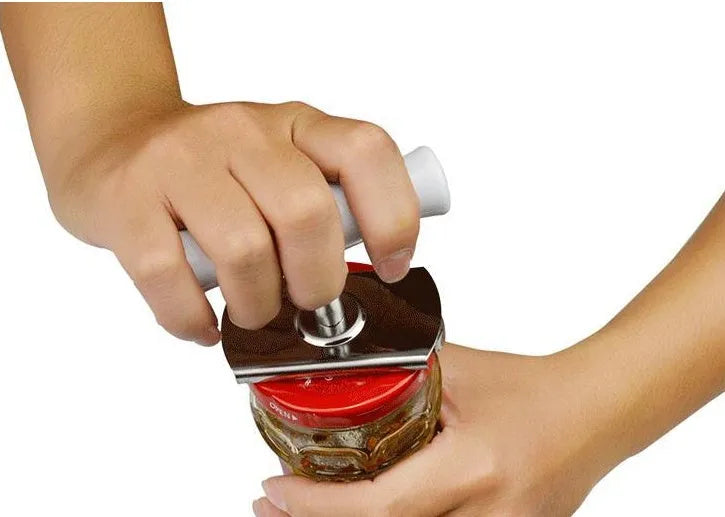 Stainless steel manual adjustable bottle opener with white PP handle and gear mechanism