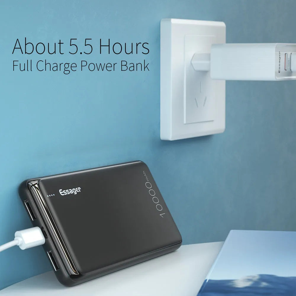 Essager black or white 10000mAh power bank showing dual USB ports and LED indicators