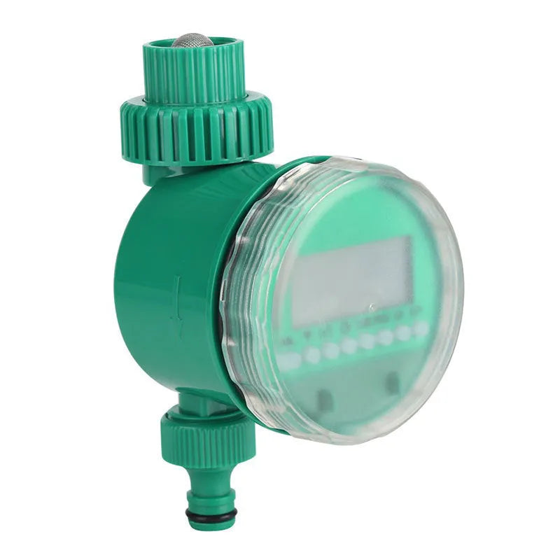 Green automatic watering timer for drip irrigation, household water flow, compact outdoor design