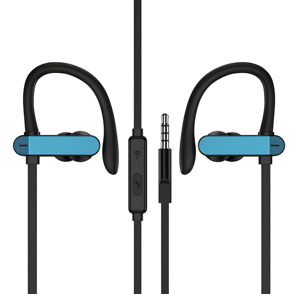 Sport earphones with black and blue flexible ear hooks and silicone earbuds, shown on a grey background