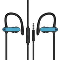 Sport earphones with black and blue flexible ear hooks and silicone earbuds, shown on a grey background