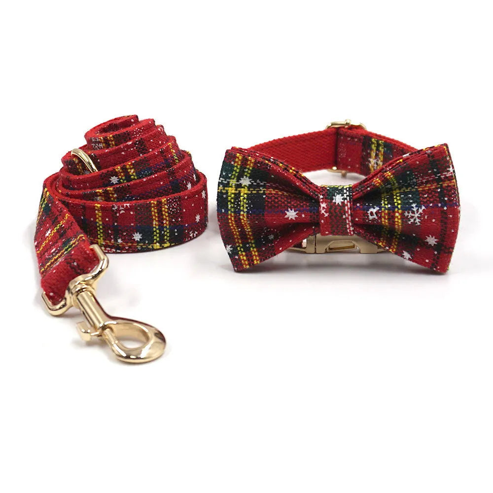 Red Christmas pet collar traction rope bowknot chest-back harness stool bag set on dog
