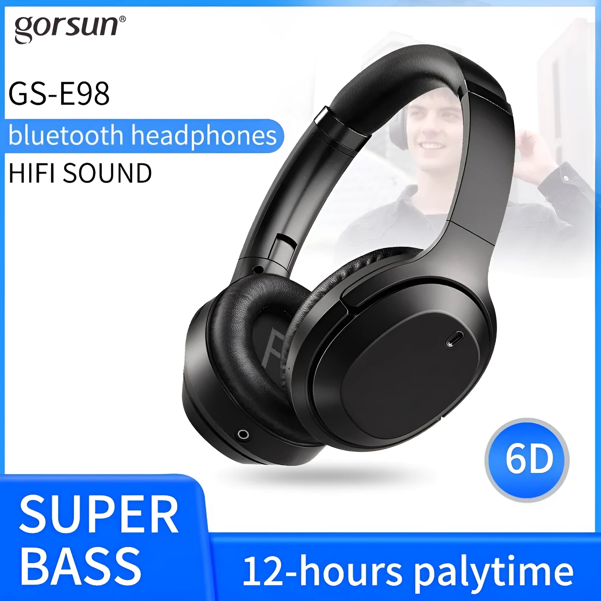 Black Gorsun E98 wireless Bluetooth headphones with over-ear design and memory-protein ear cushions