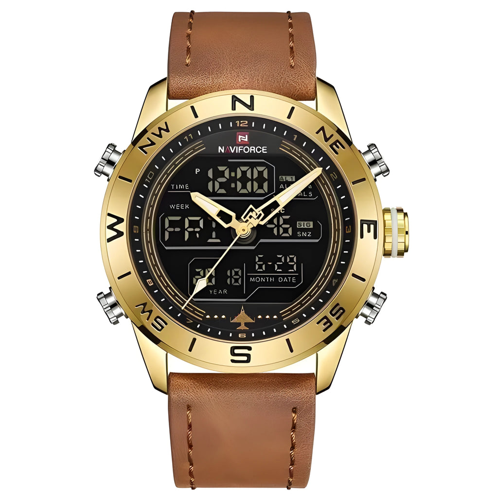 NAVIFORCE 9144 gold-tone men's analogue digital watch with leather strap on wrist showing dual time display