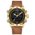 NAVIFORCE 9144 gold-tone men's analogue digital watch with leather strap on wrist showing dual time display