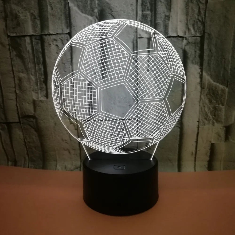 3D football night light showing seven colour options with touch controls and USB cable