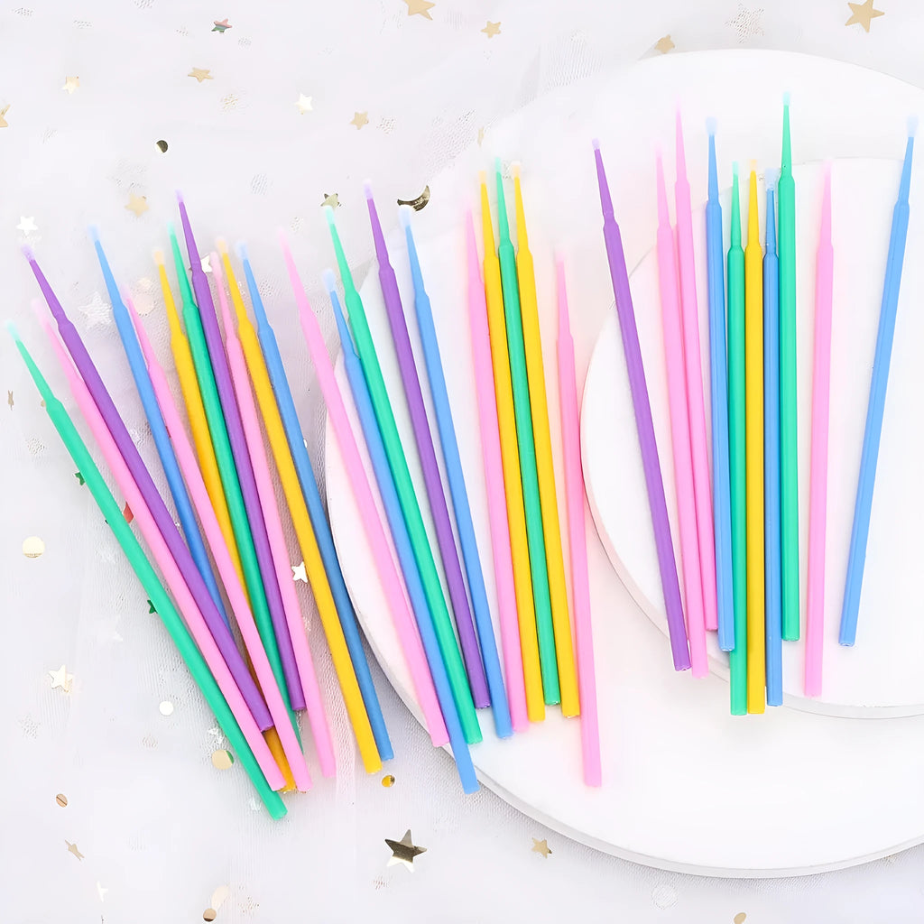 Disposable micro applicator brushes with bendable cotton swab and colour-coded handles in multicolours for makeup and eyelash extensions