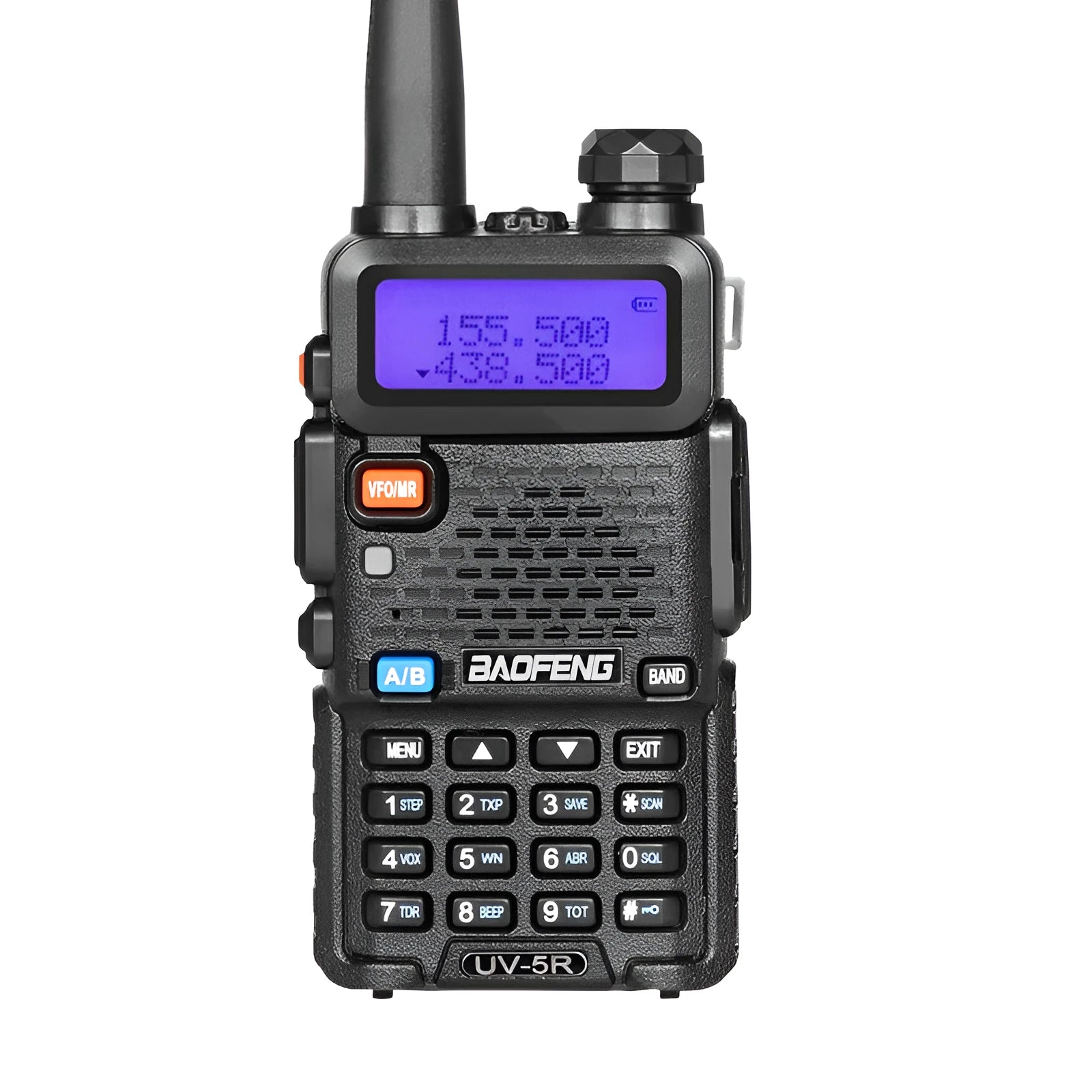 Black handheld dual-band two-way radio walkie talkie with antenna, LCD screen, and keypad.