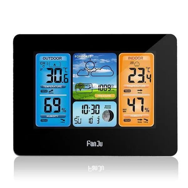Rectangular black pocket weather station with LCD display showing temperature, humidity and weather data