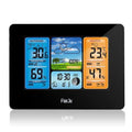 Rectangular black pocket weather station with LCD display showing temperature, humidity and weather data