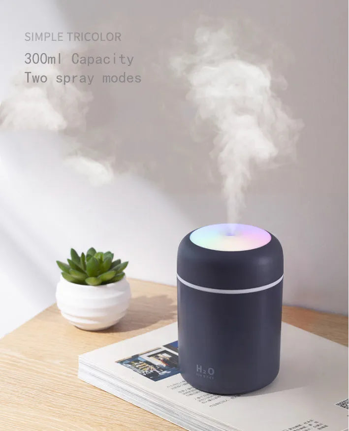 Ultrasonic aromatherapy essential oil diffuser with 300ml water tank and coloured night lights, compact for home or office use