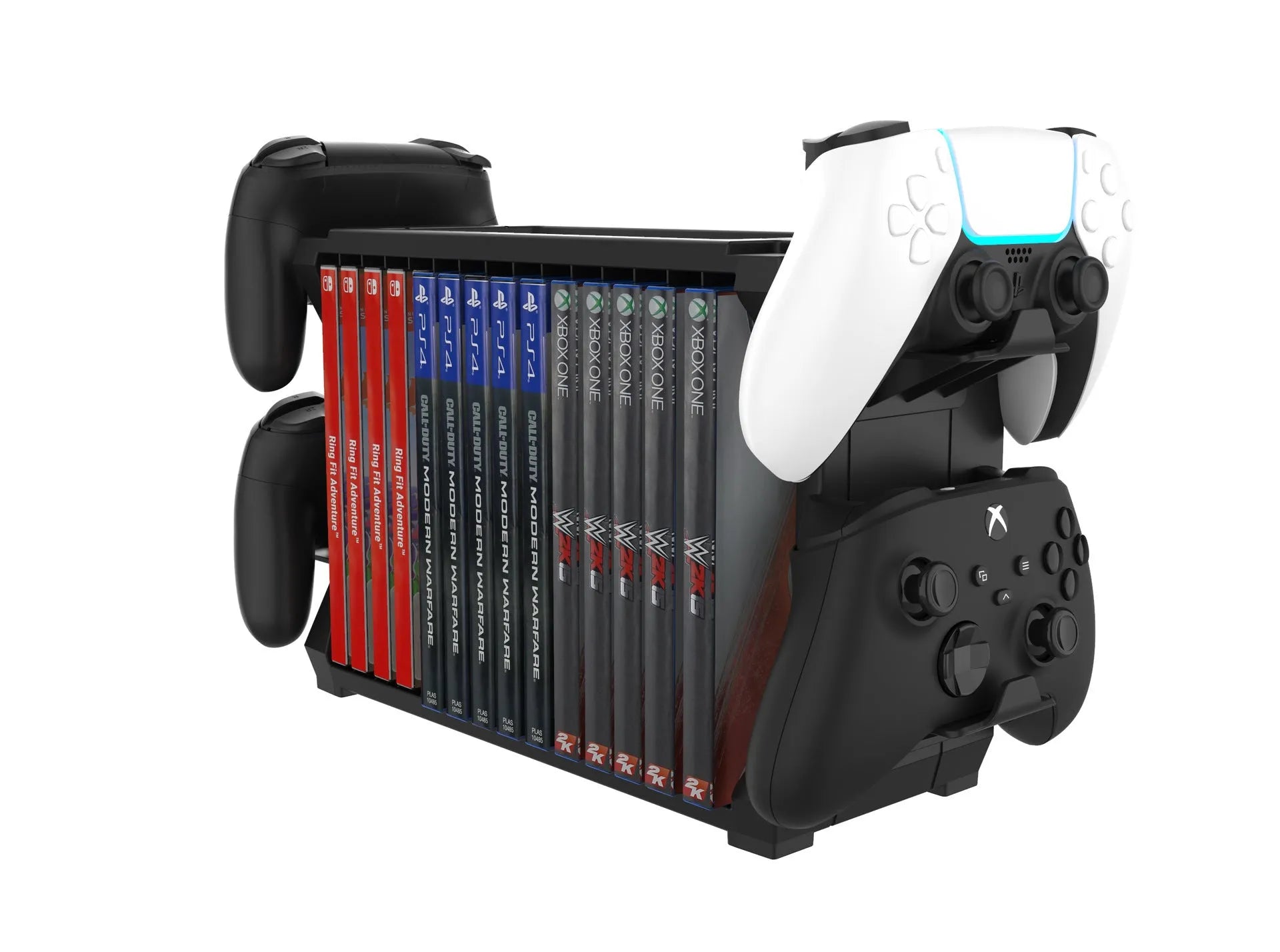 Black PS5 and Xbox Series X disc holder with game cartridge slots and controller stand
