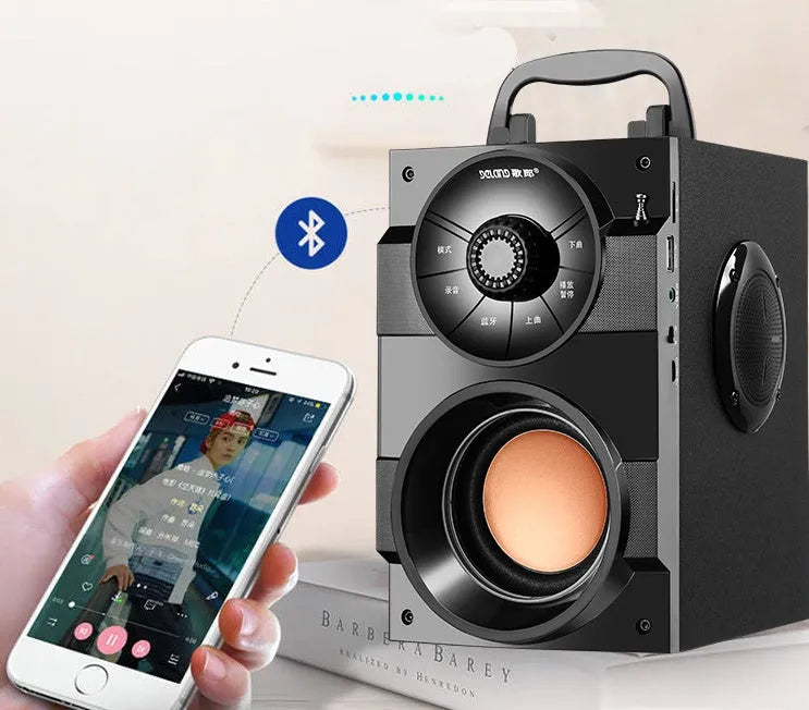 Black portable mini home audio system with subwoofer, 1.2m cable, and 3.5mm audio interface