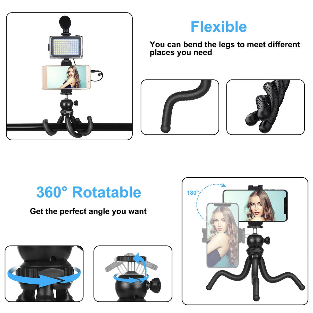 Black flexible octopus tripod with fill light and microphone for live broadcasting