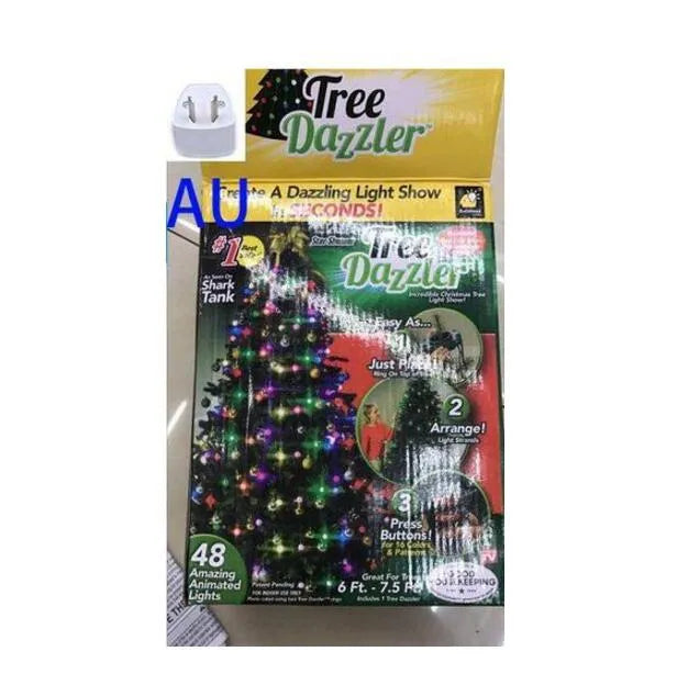 64 LED dazzler shower tree light string with dimming and colour change on a Christmas tree