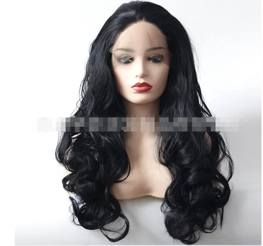 Black big wave front lace wig in 14-28 inch sizes made from heat resistant chemical fiber