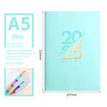 2025 A5 daily plan schedule book with soft faux leather cover in blue, pink, yellow, purple and green