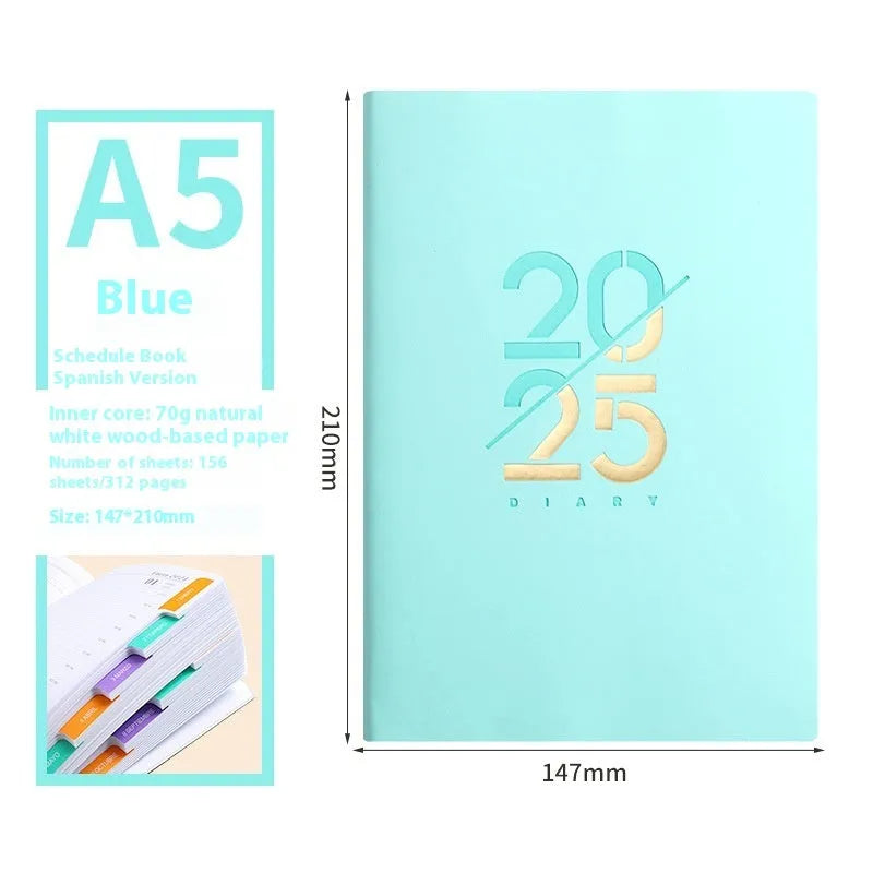 2025 A5 daily plan schedule book with soft faux leather cover in blue, pink, yellow, purple and green