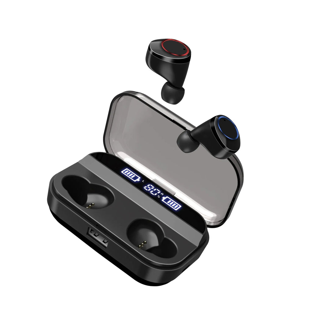 X11 Bluetooth wireless earbuds in black with charging case and multiple ear tip sizes