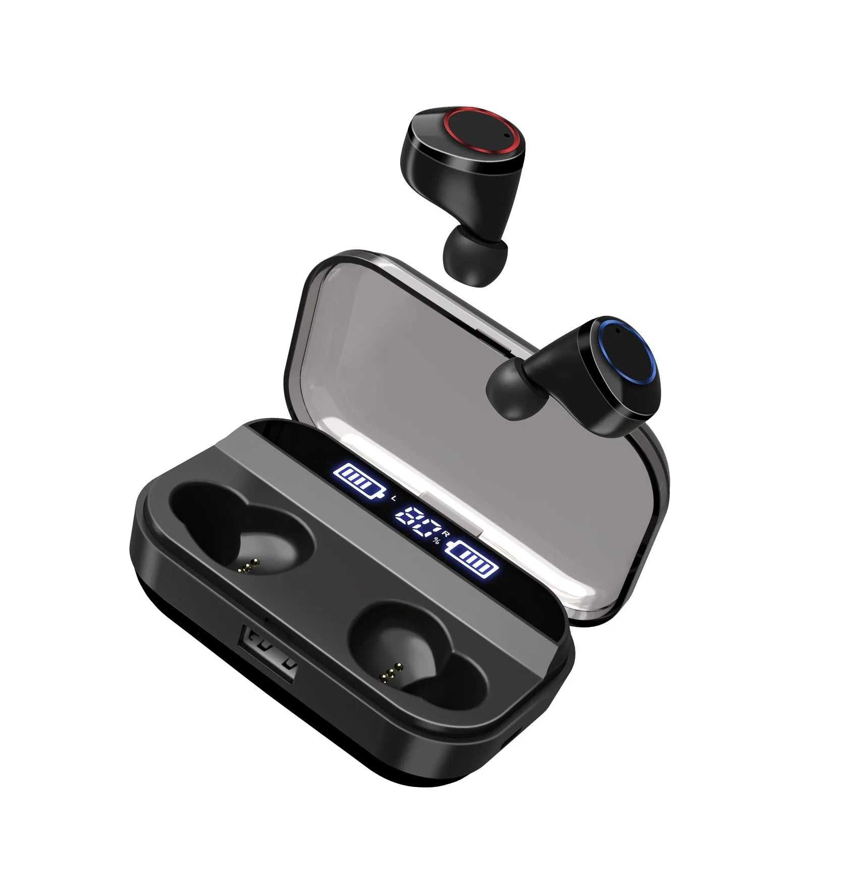 X11 Bluetooth wireless earbuds in black with charging case and multiple ear tip sizes