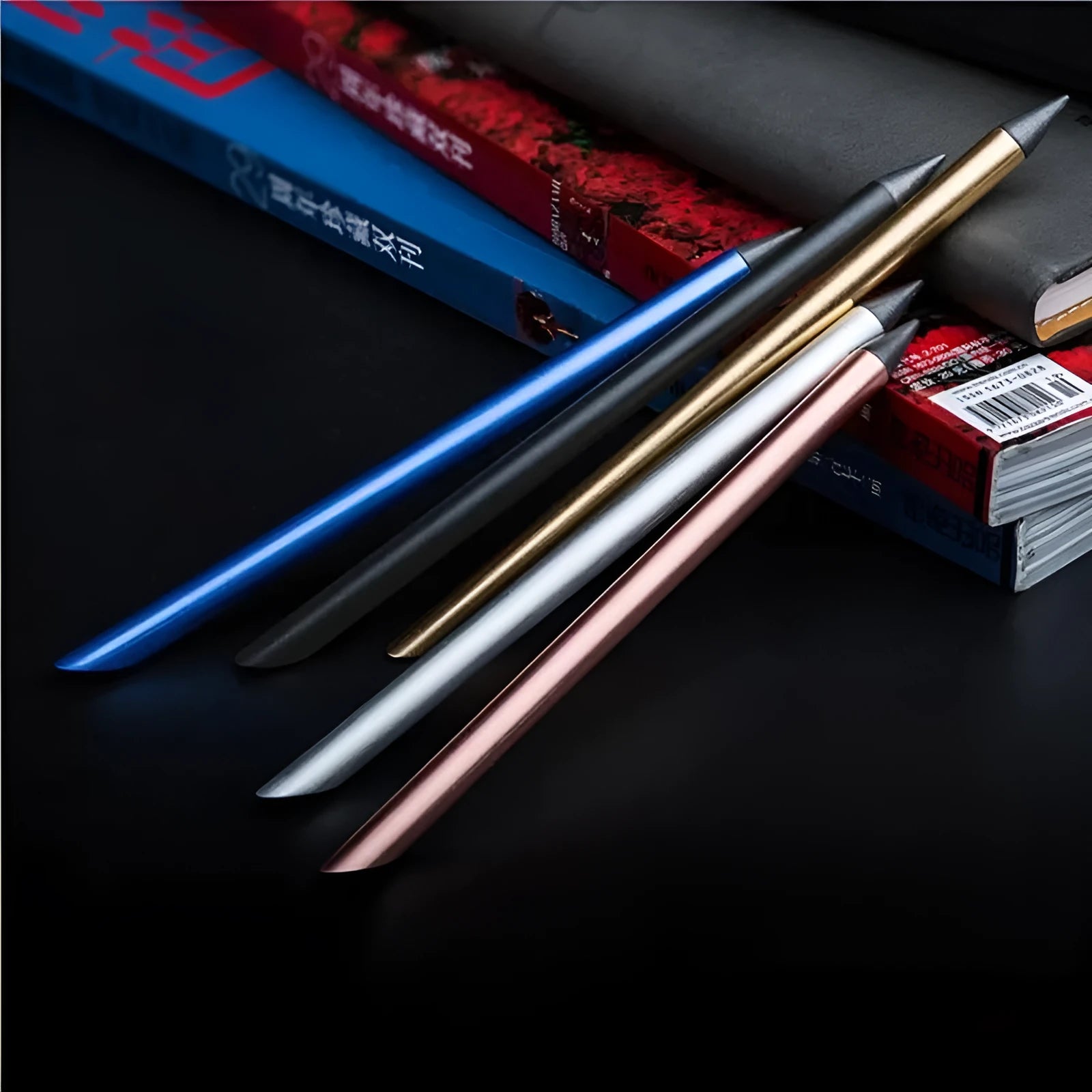 Metal inkless pen with alloy steel nib in presentation box with spare nib and pen bag