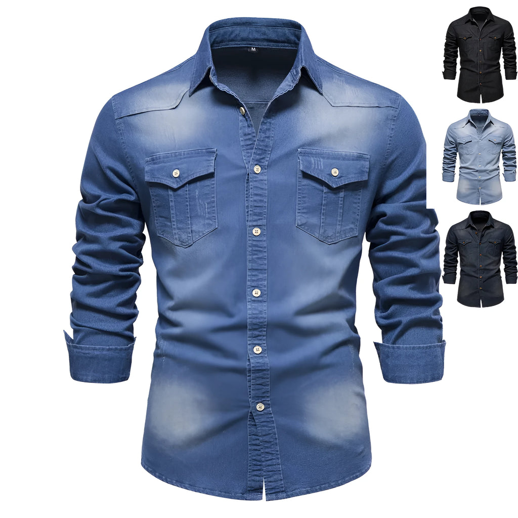 Men's long-sleeved denim shirt in solid colour, slim fit cotton button cardigan top