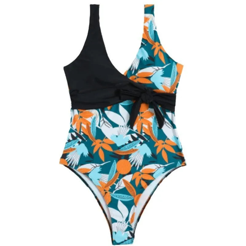 High-waist one-piece swimsuit with printed pattern in white or black colour options