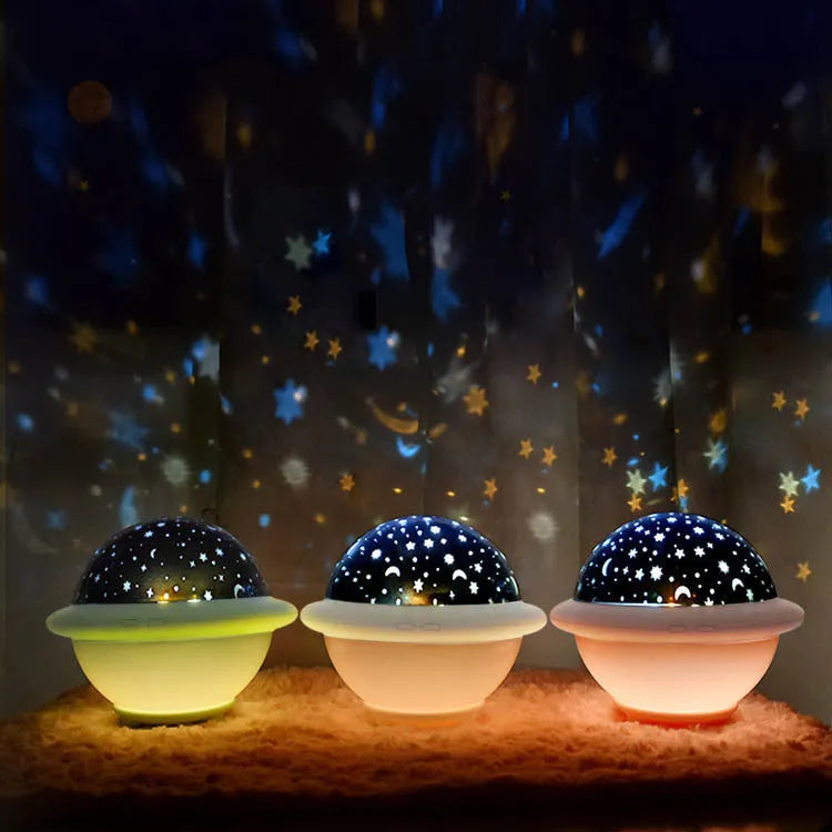 UFO-shaped starry sky projection night light in pink, white or green colour with LED lighting