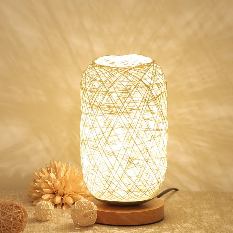 Sepak Takraw ball desk lamp with hemp rope construction on solid wood base