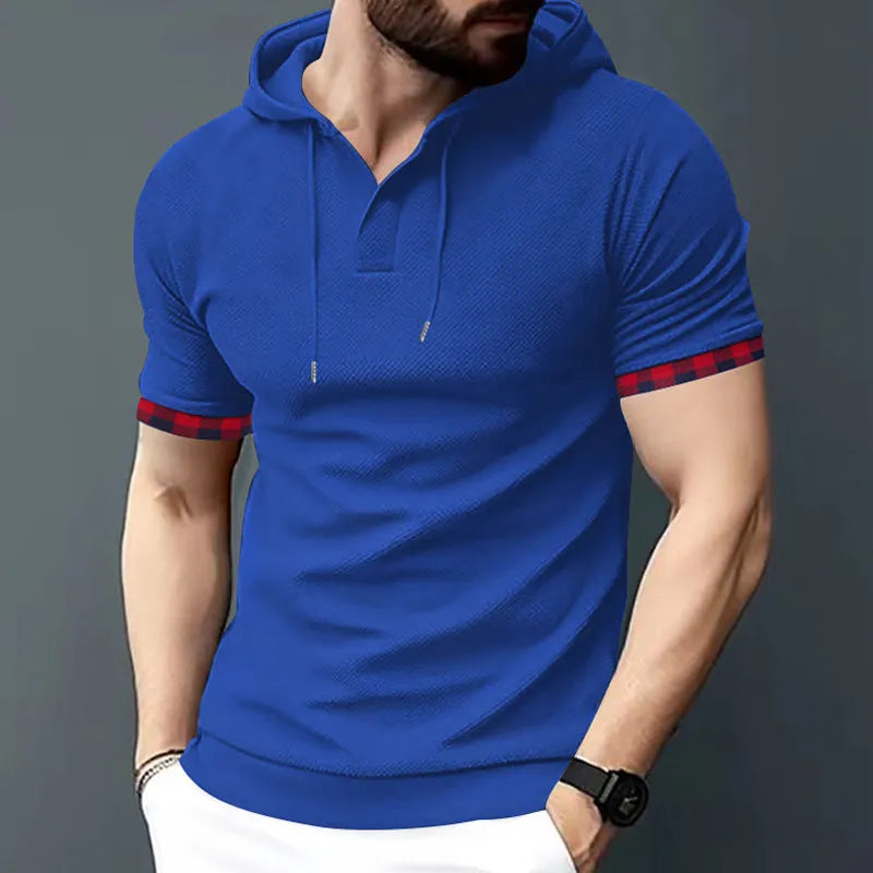 Men's short sleeve hooded top in solid colour, polyester blend, available in plus sizes