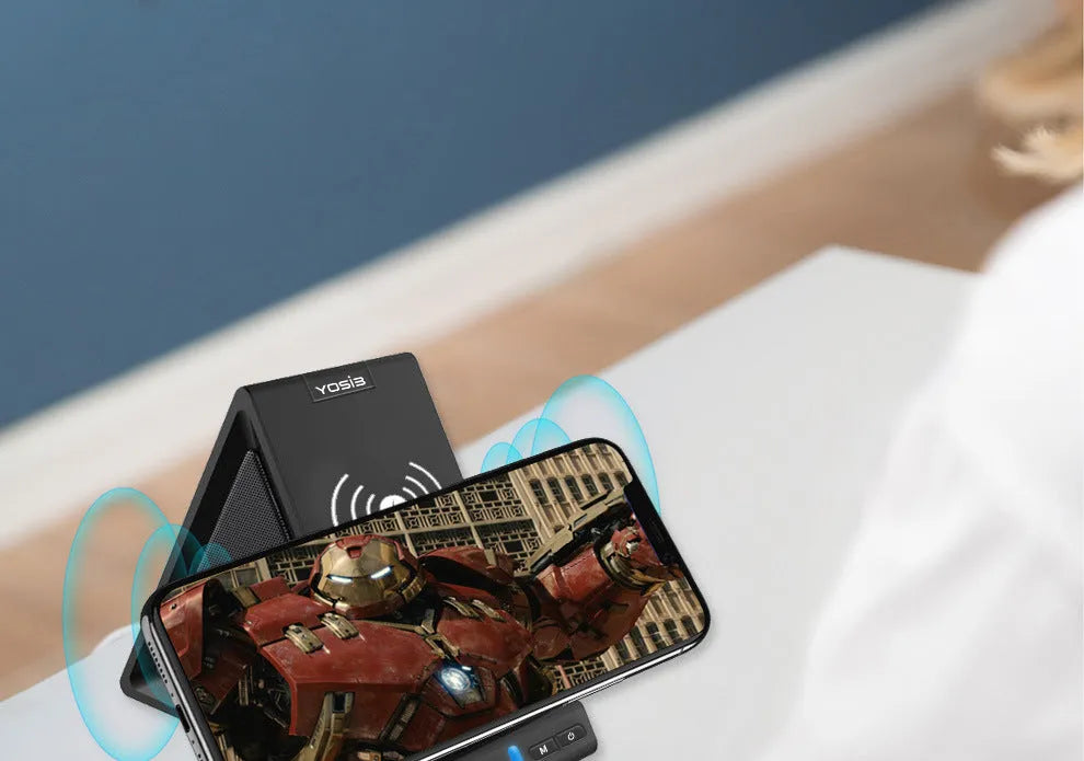 Black multifunctional Bluetooth speaker with integrated mobile phone stand and built-in 2000mAh power bank.