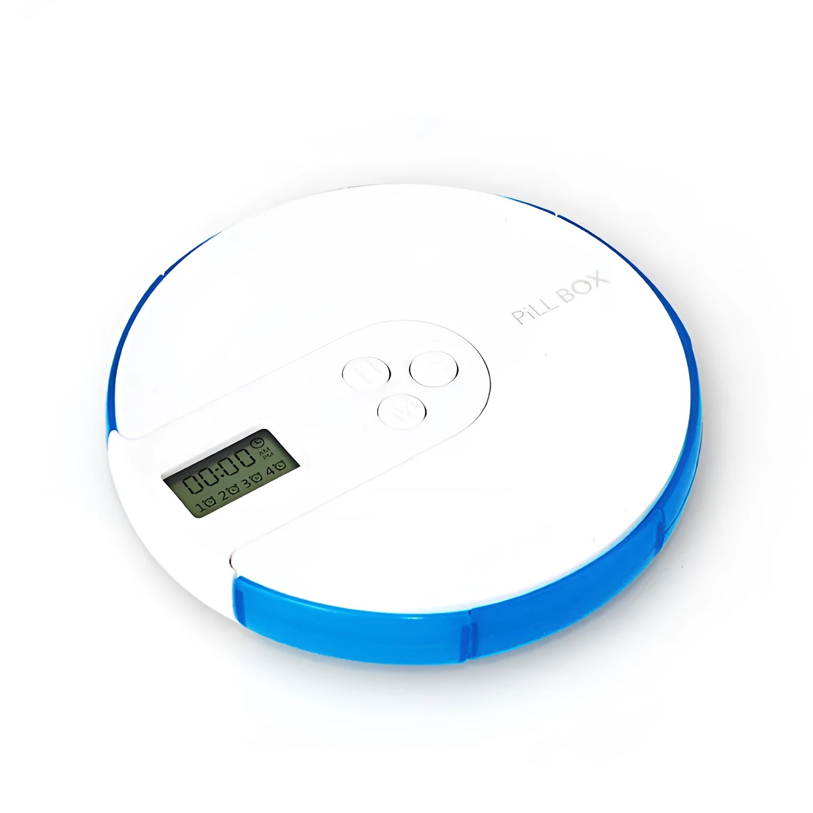 Seven compartment alarm clock pill dispenser showing medication compartments and display