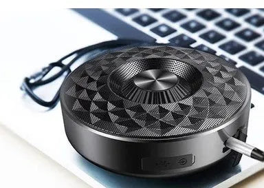 Compact wireless Bluetooth mini speaker in black, orange, or silvery white with a microphone.