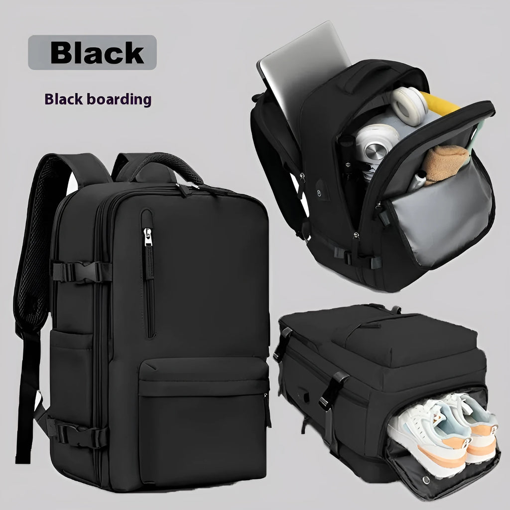 Large grey waterproof Oxford cloth travel backpack with curved shoulder straps shown front view.
