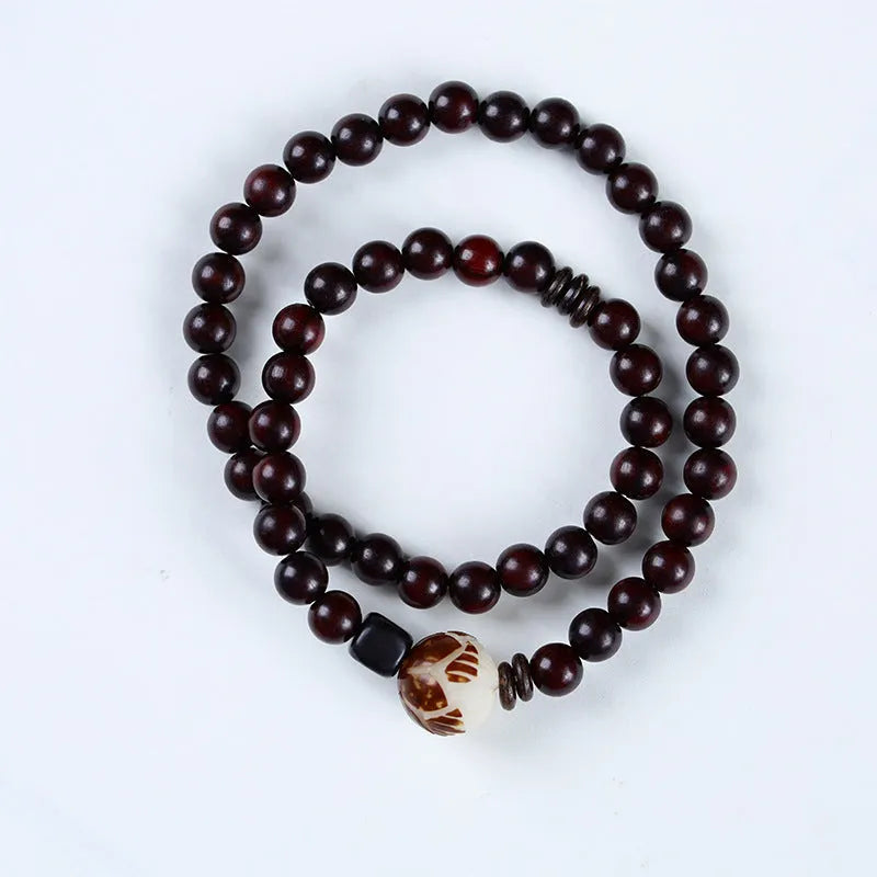 Natural rosewood double-ring bracelet with 10mm flower shapes and choice of thickness options