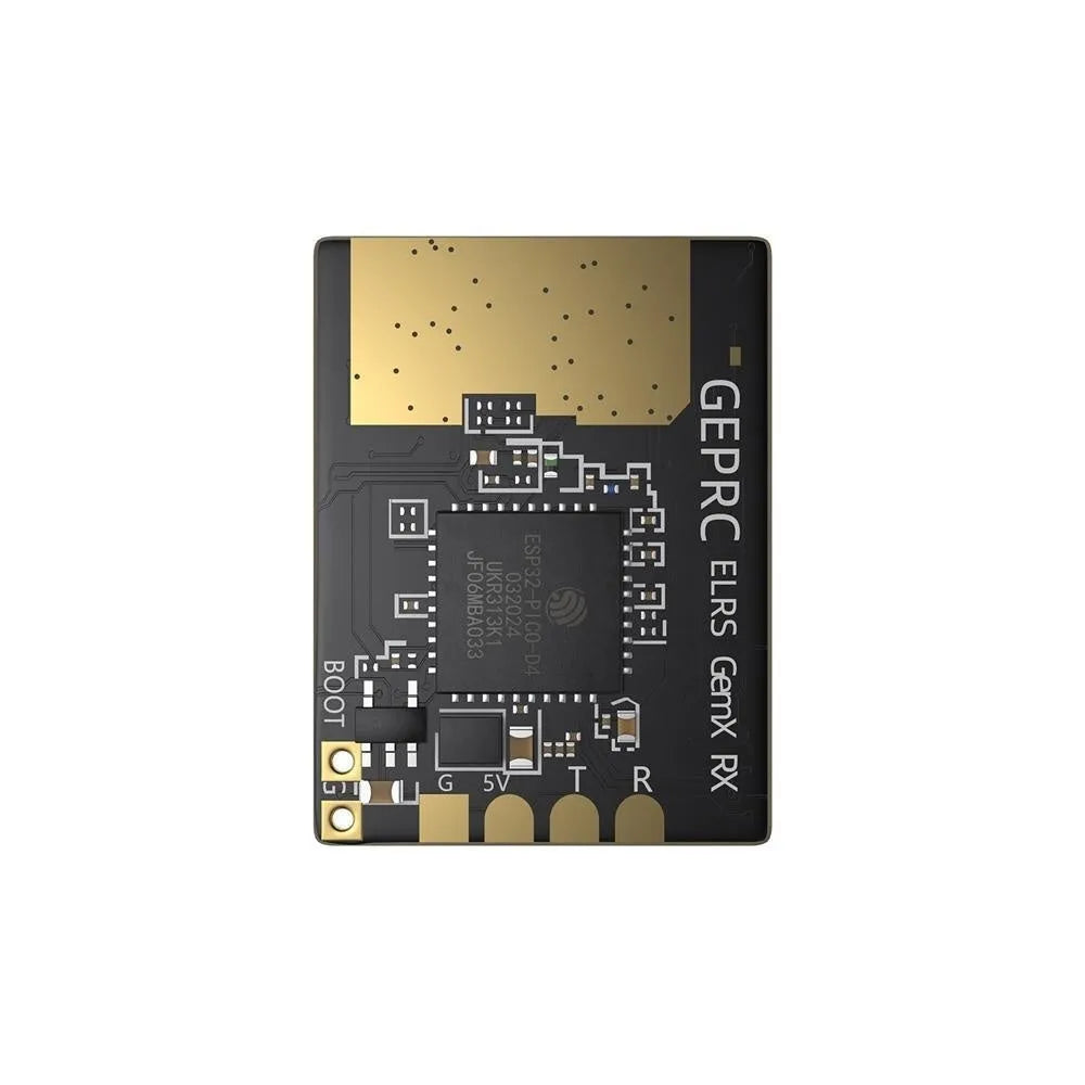 GE Pu dual-band ELRS receiver with two T-shaped antennas and installation accessories on a white background.