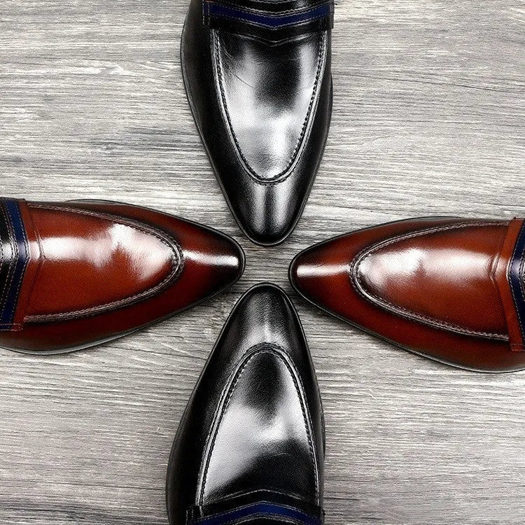Men's black shallow mouth leather shoes with low heel and rubber sole on a neutral background