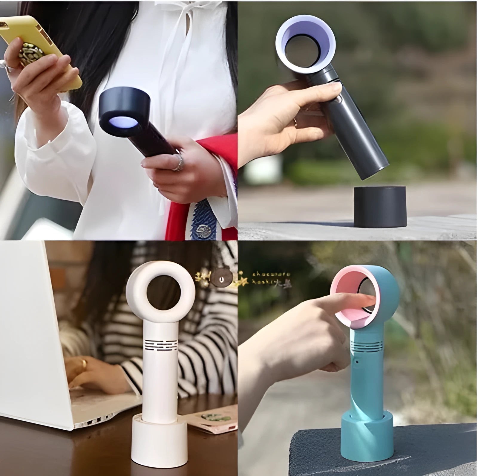 Portable bladeless fan in white with USB charging cable, base, and three speed settings