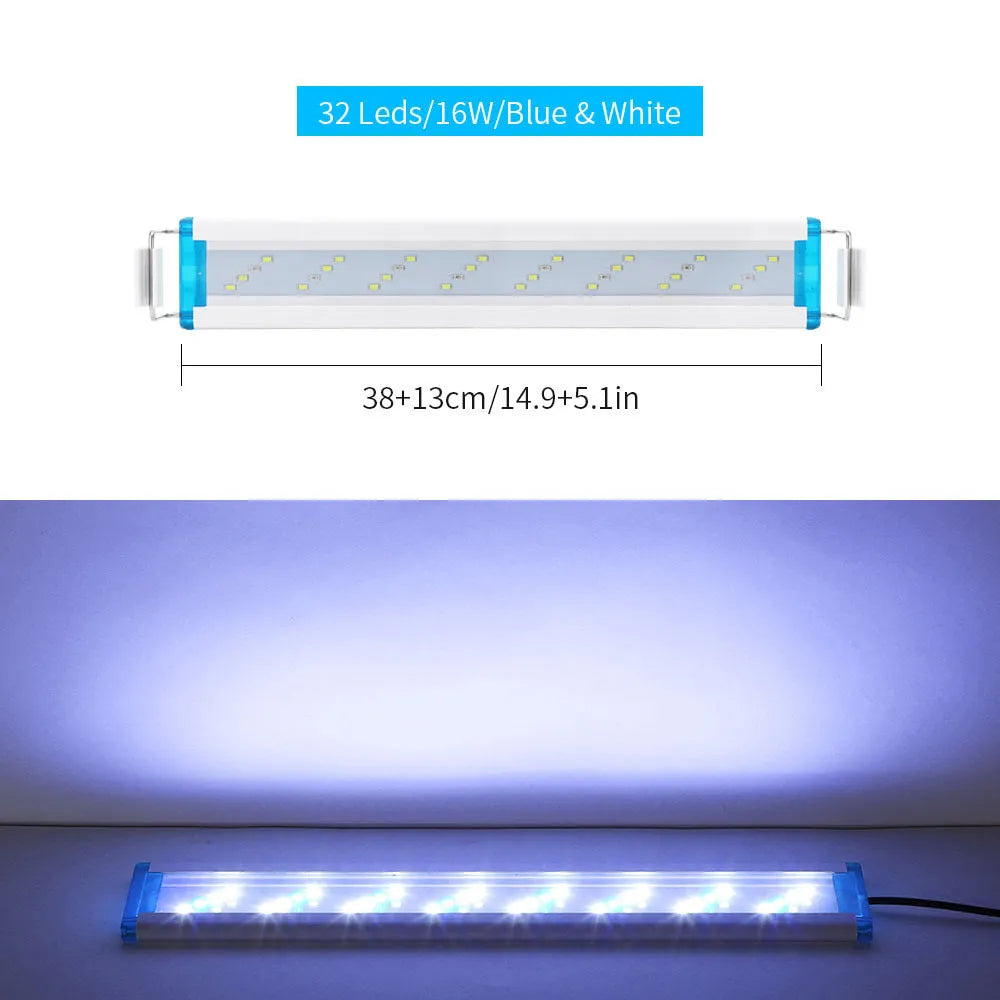 Ultra-thin aquarium light with blue and white LEDs, PVC housing, sits above fish tank