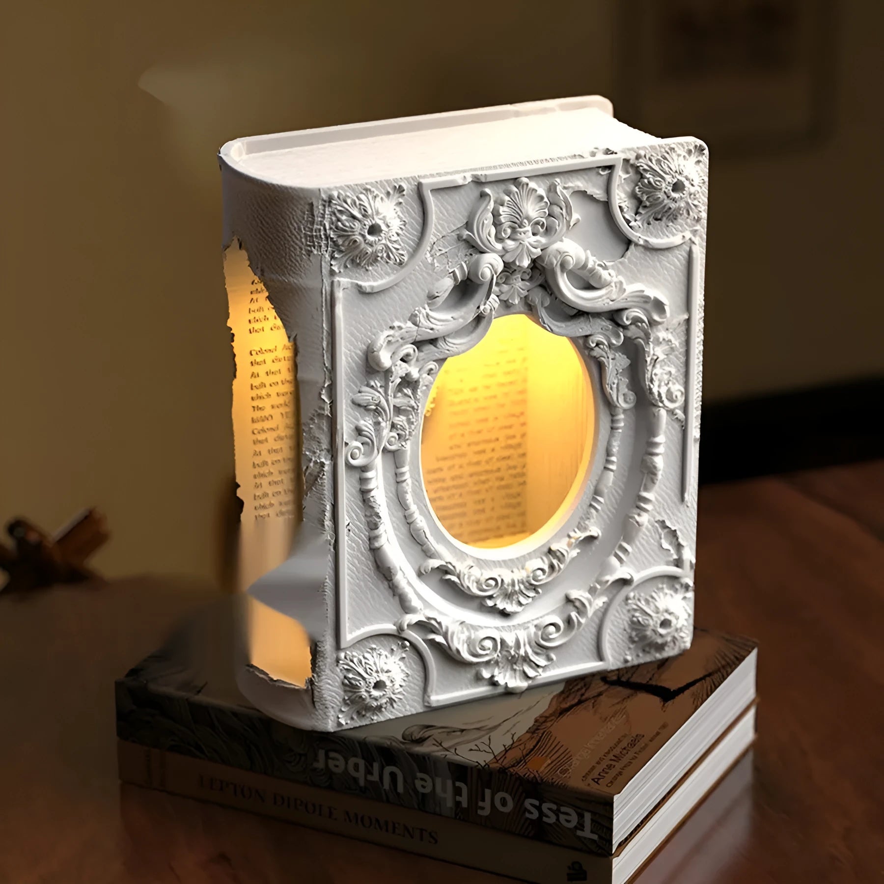 Magic book gypsum table lamp with switch control on a bedside table