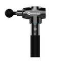 Black handheld muscle massage gun with adjustable speed settings on white background