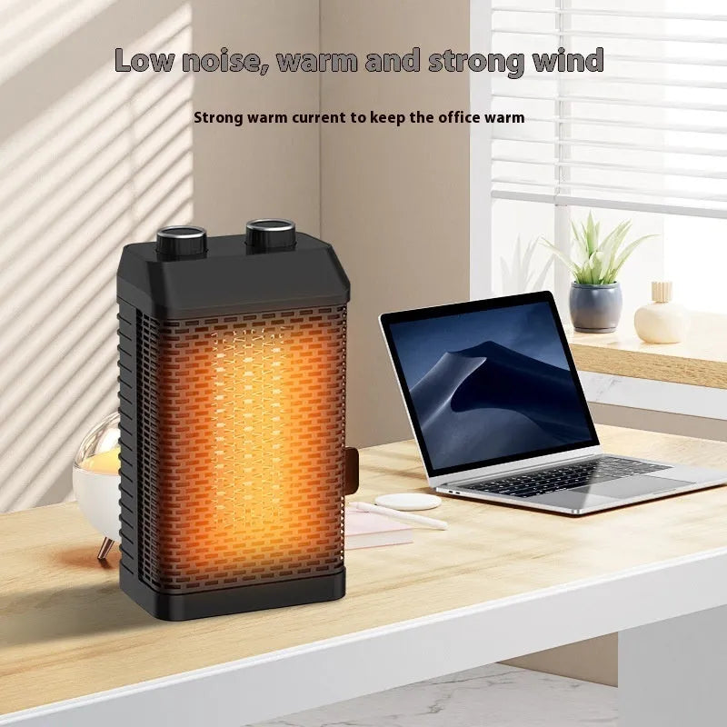 Black remote control desktop heater with digital display and control knobs, shown on a wooden desk.